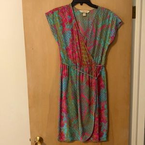 Cap sleeve wrap dress. Teal, pink & gold.